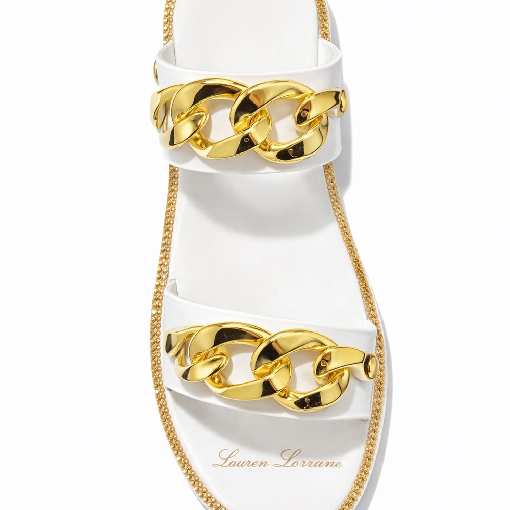Lauren Lorraine Gold Chain White Sandals